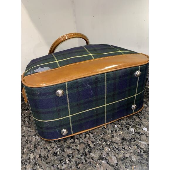 Vintage Lacoste Plaid Canvas Tote Bag Green Blue Brown Trim Retro Preppy - Picture 8 of 15
